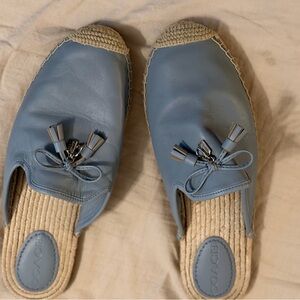COACH Light Blue Leather Tassel Espadrille Mules